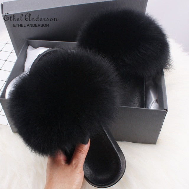 Ethel Anderson Fluffy Slippers Real FOX Fur Slides Indoor Flip Flops Casual Shoes Woman Raccoon Fur Sandals Vogue Plush Shoes