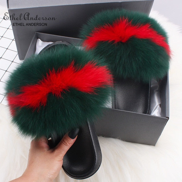Ethel Anderson Fluffy Slippers Real FOX Fur Slides Indoor Flip Flops Casual Shoes Woman Raccoon Fur Sandals Vogue Plush Shoes