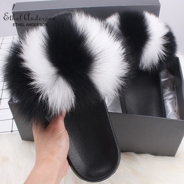 Ethel Anderson Fluffy Slippers Real FOX Fur Slides Indoor Flip Flops Casual Shoes Woman Raccoon Fur Sandals Vogue Plush Shoes