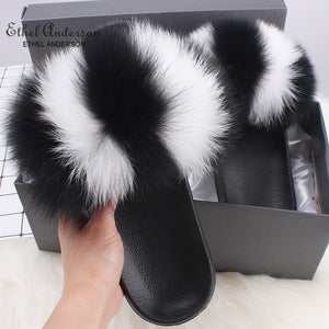 Ethel Anderson Fluffy Slippers Real FOX Fur Slides Indoor Flip Flops Casual Shoes Woman Raccoon Fur Sandals Vogue Plush Shoes