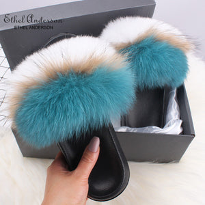 Ethel Anderson Fluffy Slippers Real FOX Fur Slides Indoor Flip Flops Casual Shoes Woman Raccoon Fur Sandals Vogue Plush Shoes