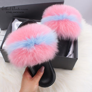 Ethel Anderson Fluffy Slippers Real FOX Fur Slides Indoor Flip Flops Casual Shoes Woman Raccoon Fur Sandals Vogue Plush Shoes