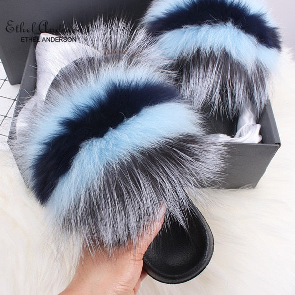 Ethel Anderson Fluffy Slippers Real FOX Fur Slides Indoor Flip Flops Casual Shoes Woman Raccoon Fur Sandals Vogue Plush Shoes