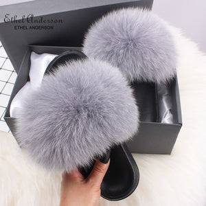 Ethel Anderson Fluffy Slippers Real FOX Fur Slides Indoor Flip Flops Casual Shoes Woman Raccoon Fur Sandals Vogue Plush Shoes