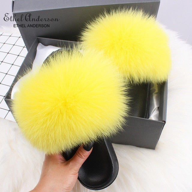 Ethel Anderson Fluffy Slippers Real FOX Fur Slides Indoor Flip Flops Casual Shoes Woman Raccoon Fur Sandals Vogue Plush Shoes