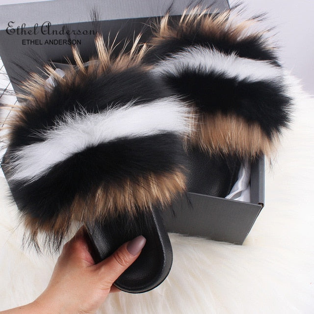 Ethel Anderson Fluffy Slippers Real FOX Fur Slides Indoor Flip Flops Casual Shoes Woman Raccoon Fur Sandals Vogue Plush Shoes