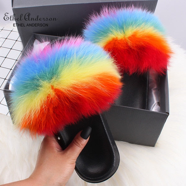 Ethel Anderson Fluffy Slippers Real FOX Fur Slides Indoor Flip Flops Casual Shoes Woman Raccoon Fur Sandals Vogue Plush Shoes