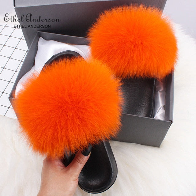 Ethel Anderson Fluffy Slippers Real FOX Fur Slides Indoor Flip Flops Casual Shoes Woman Raccoon Fur Sandals Vogue Plush Shoes