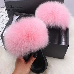 Ethel Anderson Fluffy Slippers Real FOX Fur Slides Indoor Flip Flops Casual Shoes Woman Raccoon Fur Sandals Vogue Plush Shoes