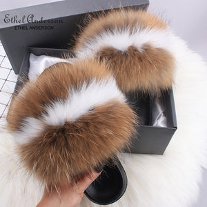 Ethel Anderson Fluffy Slippers Real FOX Fur Slides Indoor Flip Flops Casual Shoes Woman Raccoon Fur Sandals Vogue Plush Shoes