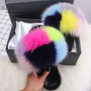 Ethel Anderson Fluffy Slippers Real FOX Fur Slides Indoor Flip Flops Casual Shoes Woman Raccoon Fur Sandals Vogue Plush Shoes