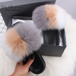 Ethel Anderson Fluffy Slippers Real FOX Fur Slides Indoor Flip Flops Casual Shoes Woman Raccoon Fur Sandals Vogue Plush Shoes