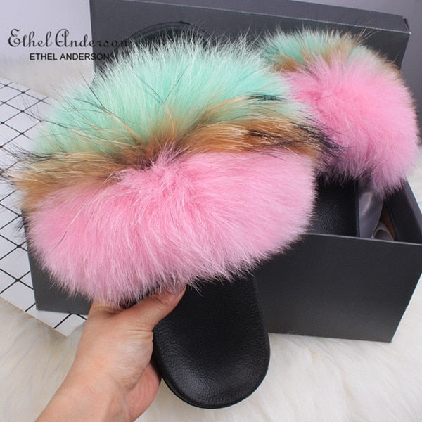 Ethel Anderson Fluffy Slippers Real FOX Fur Slides Indoor Flip Flops Casual Shoes Woman Raccoon Fur Sandals Vogue Plush Shoes