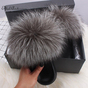 Ethel Anderson Fluffy Slippers Real FOX Fur Slides Indoor Flip Flops Casual Shoes Woman Raccoon Fur Sandals Vogue Plush Shoes