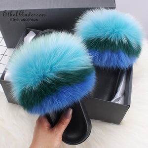 Ethel Anderson Fluffy Slippers Real FOX Fur Slides Indoor Flip Flops Casual Shoes Woman Raccoon Fur Sandals Vogue Plush Shoes