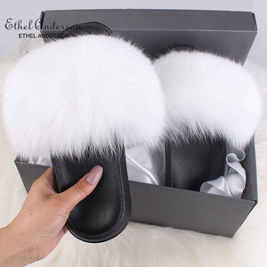 Ethel Anderson Fluffy Slippers Real FOX Fur Slides Indoor Flip Flops Casual Shoes Woman Raccoon Fur Sandals Vogue Plush Shoes