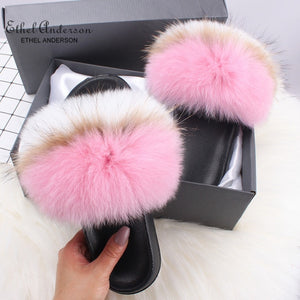 Ethel Anderson Fluffy Slippers Real FOX Fur Slides Indoor Flip Flops Casual Shoes Woman Raccoon Fur Sandals Vogue Plush Shoes