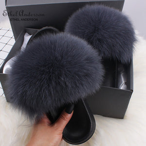 Ethel Anderson Fluffy Slippers Real FOX Fur Slides Indoor Flip Flops Casual Shoes Woman Raccoon Fur Sandals Vogue Plush Shoes