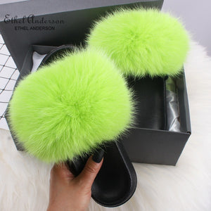 Ethel Anderson Fluffy Slippers Real FOX Fur Slides Indoor Flip Flops Casual Shoes Woman Raccoon Fur Sandals Vogue Plush Shoes
