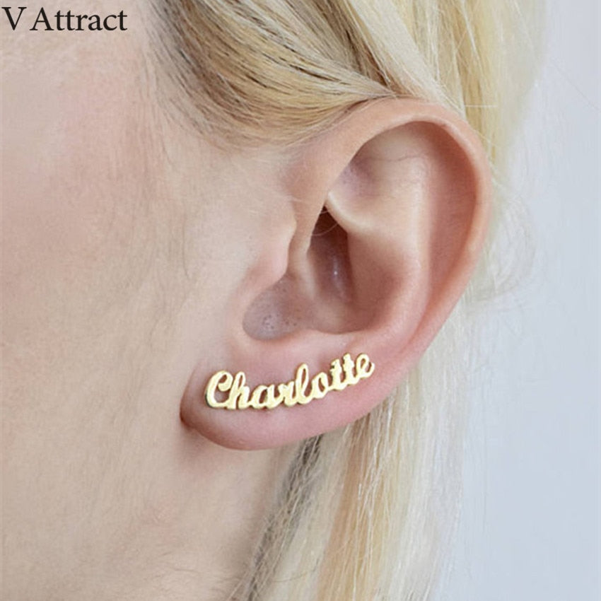 V Attract Stainless Steel Personalized Name Stud Earrings For Women