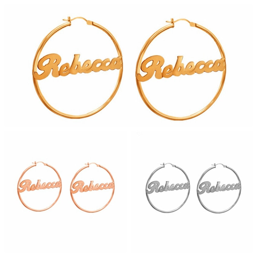 1 Pair Stainless Steel Custom Name Earrings Personalized Big Nameplate Handmade Jewelry For Women Girls Round Circle Oorbellen