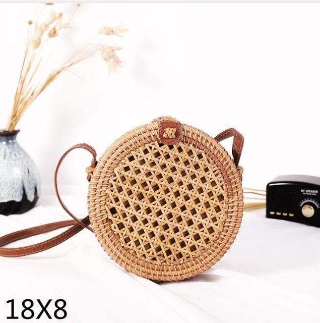 Woven Rattan Bag Round Straw Shoulder Bag Small Beach HandBags Women Summer Hollow Handmade Messenger Crossbody Bags