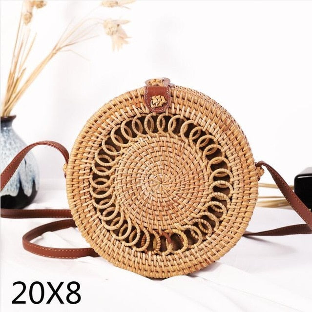 Woven Rattan Bag Round Straw Shoulder Bag Small Beach HandBags Women Summer Hollow Handmade Messenger Crossbody Bags